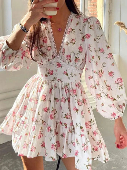 Lace Detail V-Neck Balloon Sleeve Dress