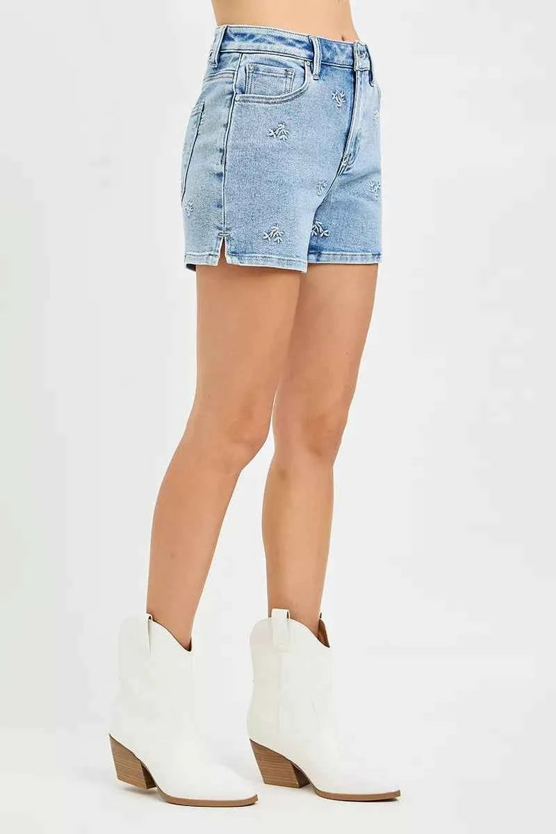 RISEN High Rise Denim Shorts with Embroidered Detail
