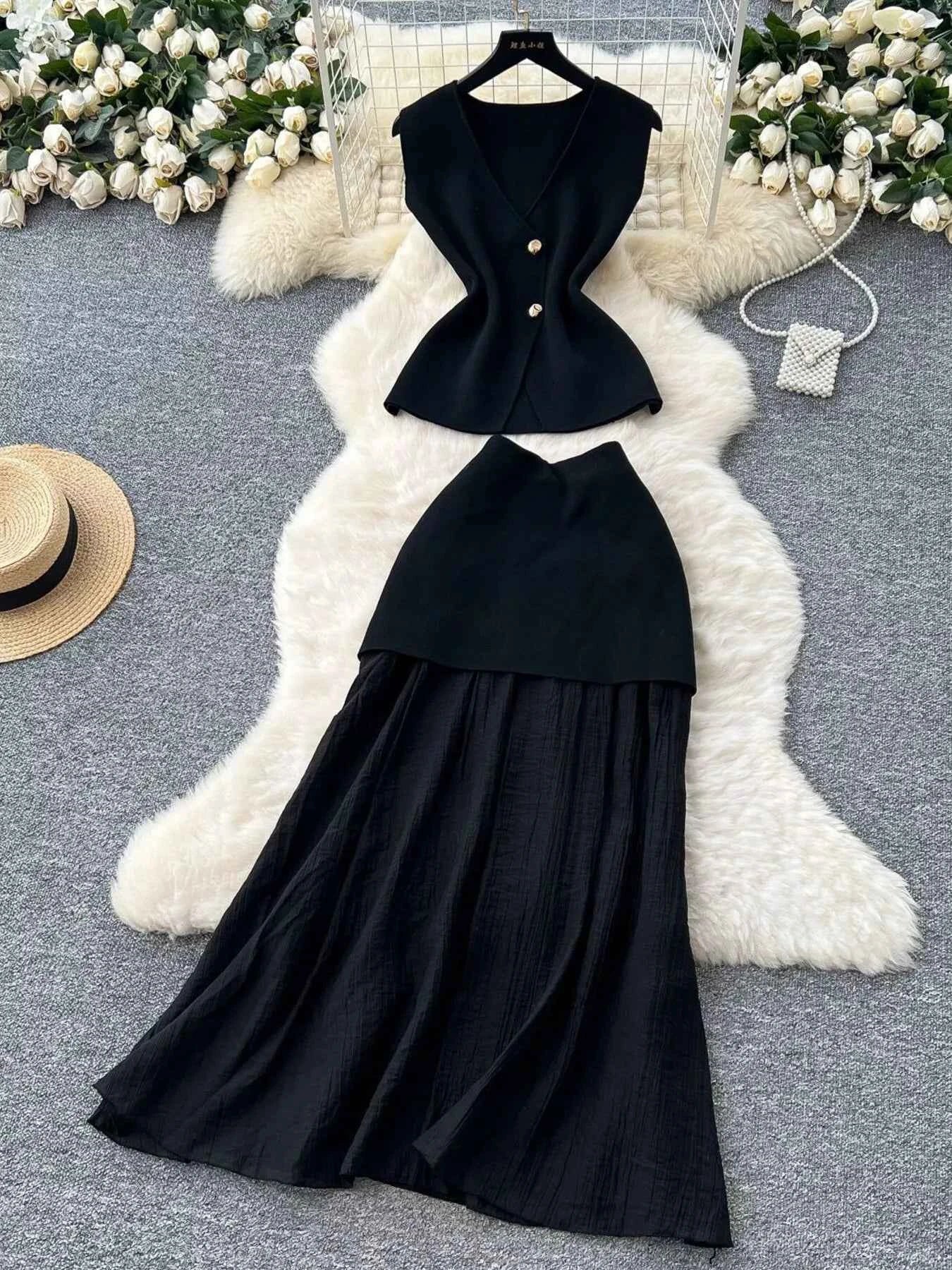 Button Up Sleeveless Top and Skirt Set