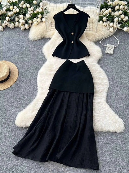 Button Up Sleeveless Top and Skirt Set