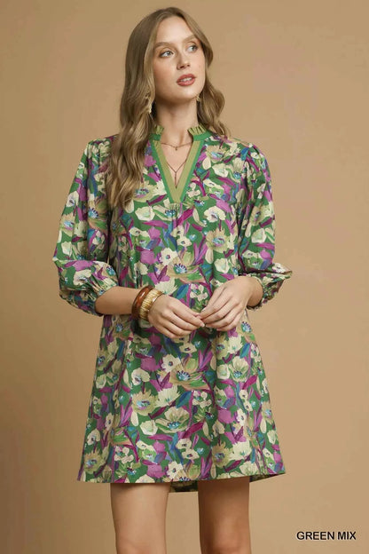 Umgee Boho Floral Balloon Sleeve Mini Dress