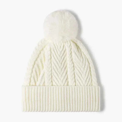 Cable Knit Solid Color Hat with Pompom