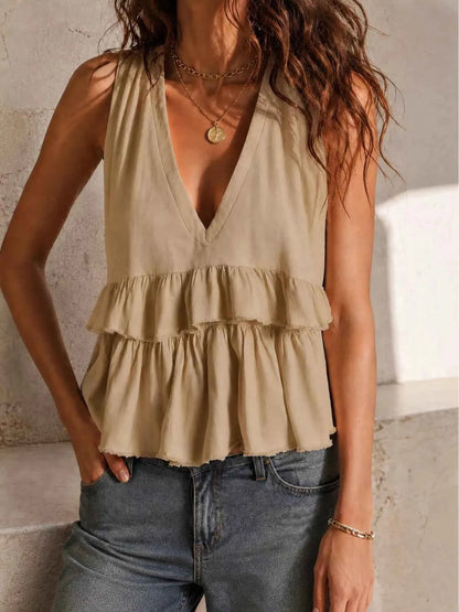 Ruffled V-Neck Sleeveless Top