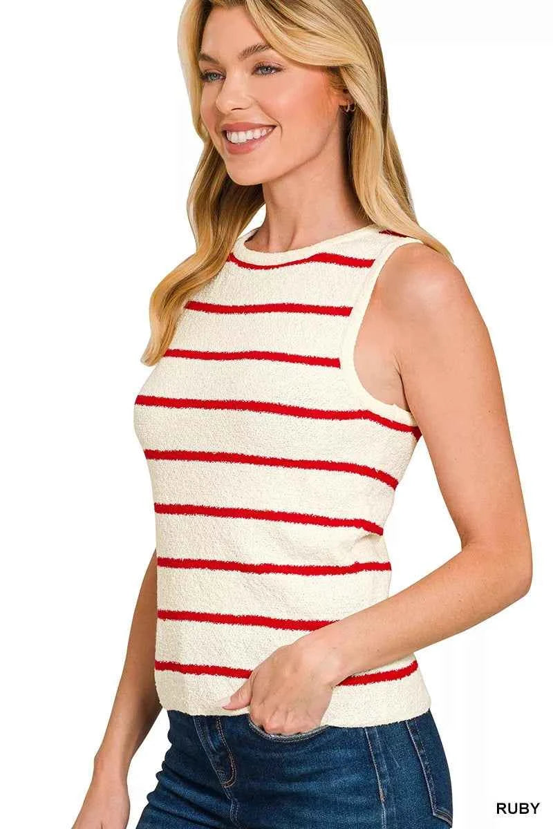 Zenana Round Neck Stripe Knit Tank Top