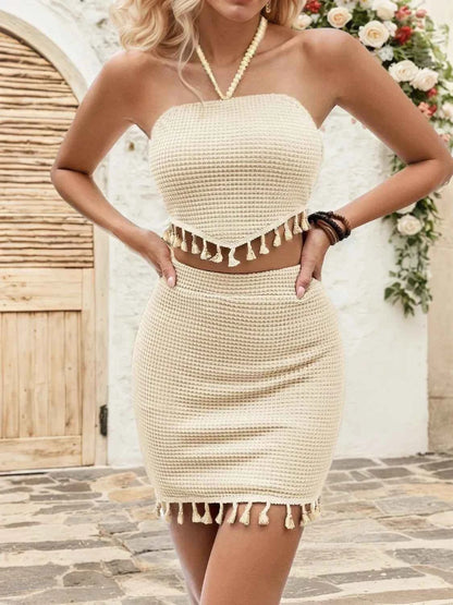 Waffle-Knit Halter Neck Top and Skirt Set