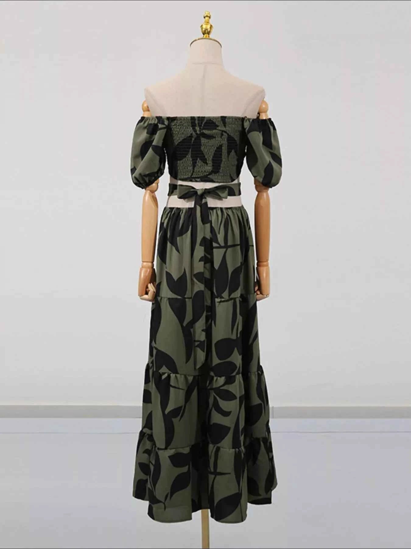 Off-Shoulder Cutout Leaf Print Maxi Dress