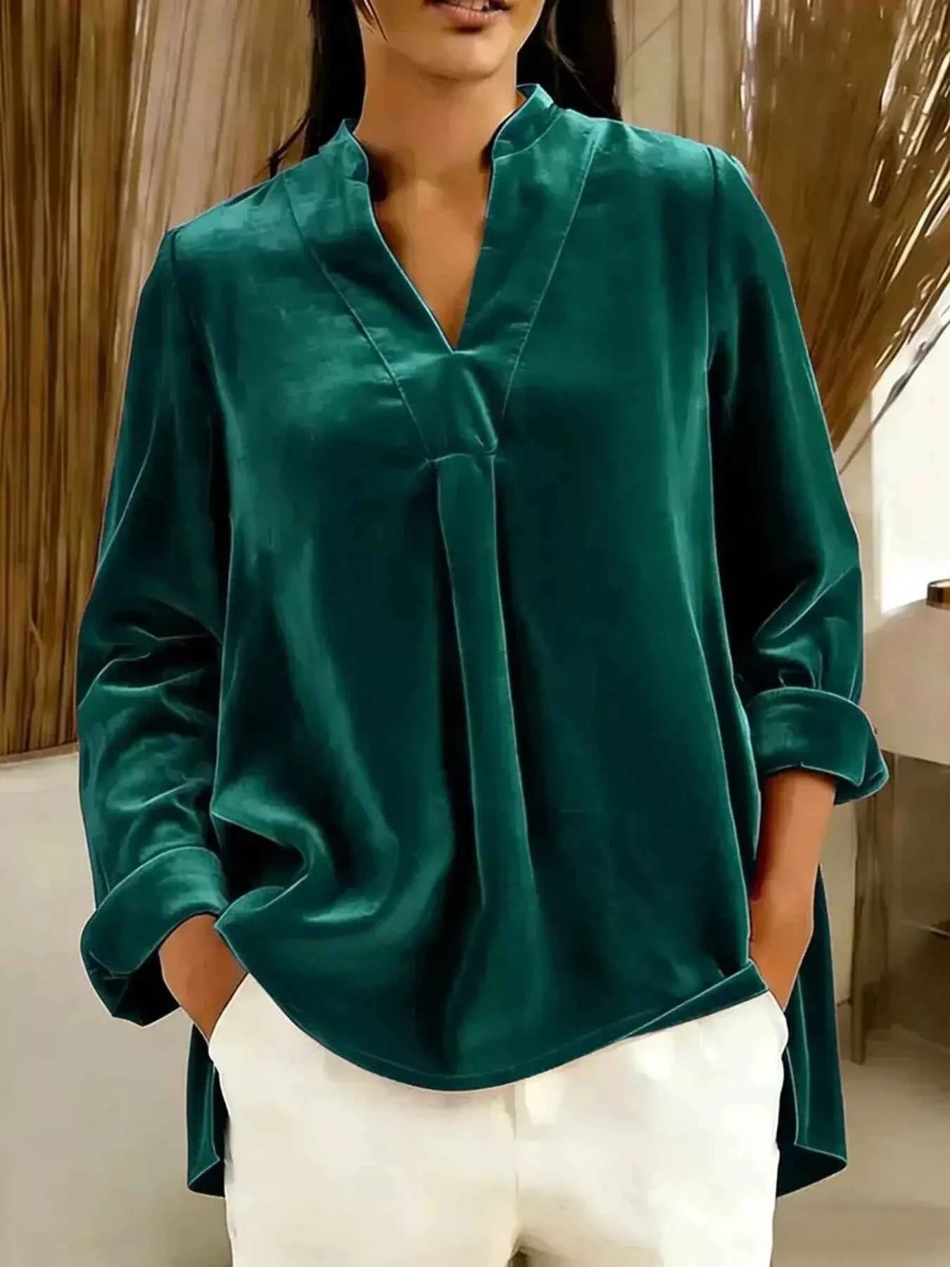 Full Size Velvet Notched Long Sleeve Blouse Plus Size