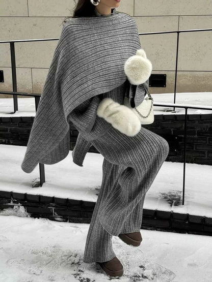 3-Piece Crew Neck Ribbed Sweater and Wide-Leg Pants Set with Scarf