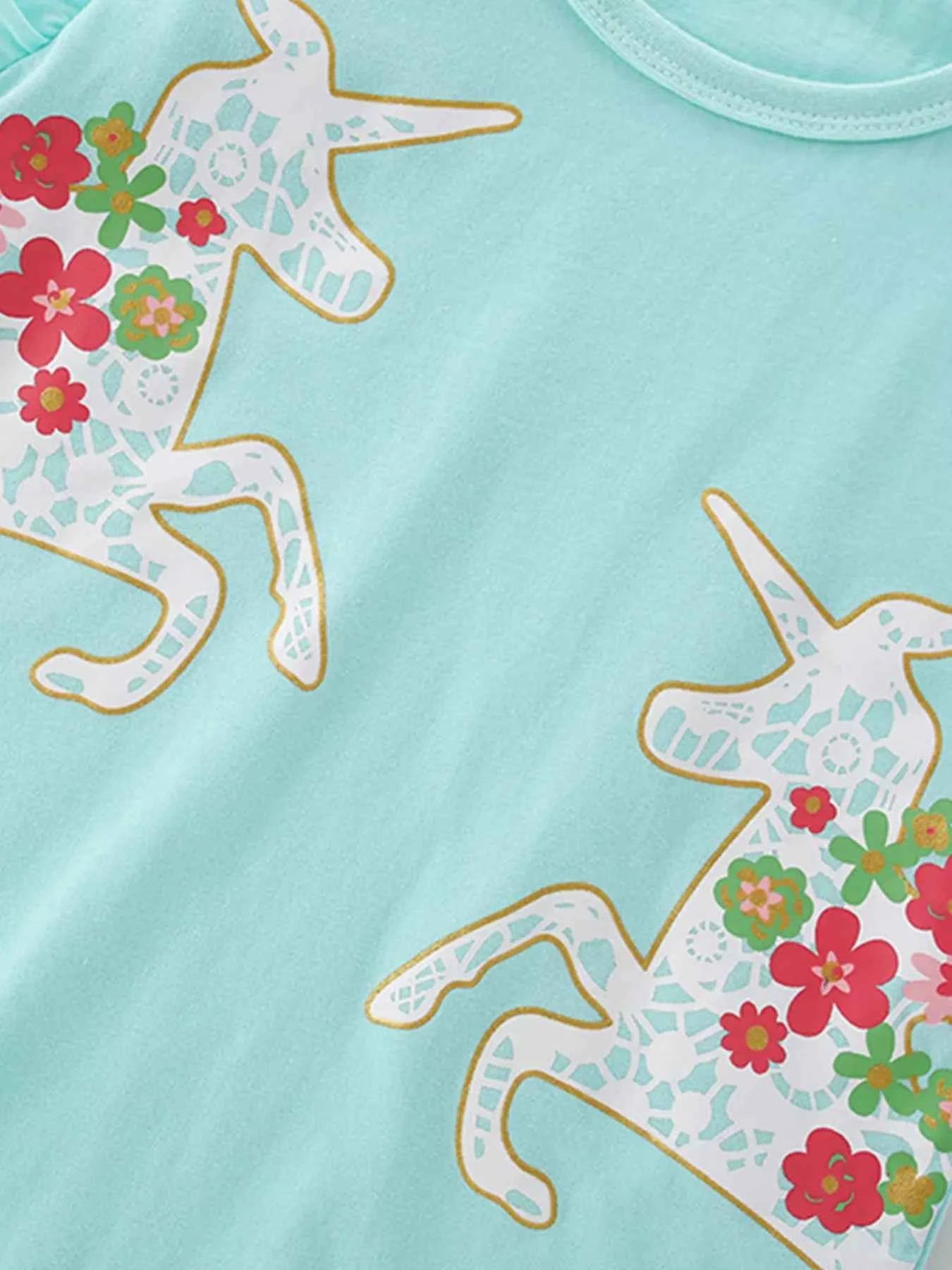 Children's Cute Unicorn Floral Print Ruffle Sleeve T-Shirt