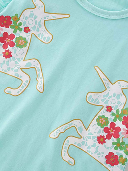 Children's Cute Unicorn Floral Print Ruffle Sleeve T-Shirt