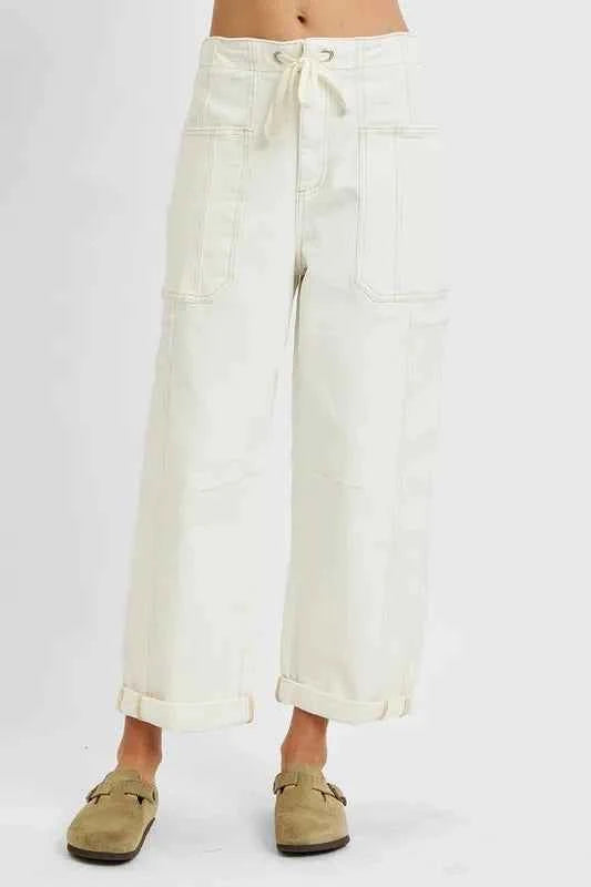RISEN Full Size High Rise Crop Wide Barrel Cargo Pocket Jeans Plus Size