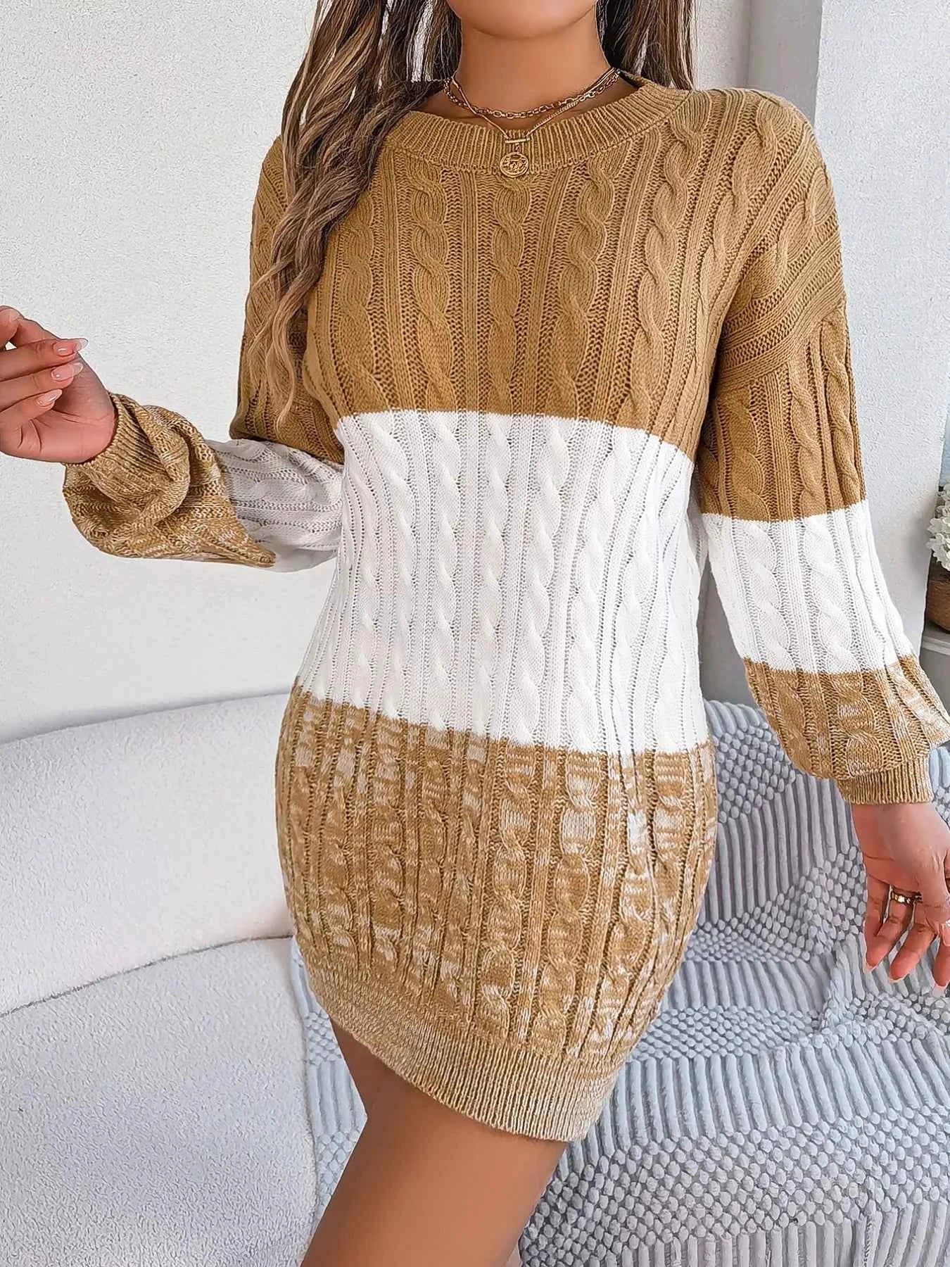 Color Block Cable Knit Sweater Dress with Textured Pattern