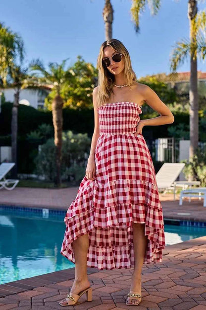 BiBi Smocked Body Off Shoulder Check Dress