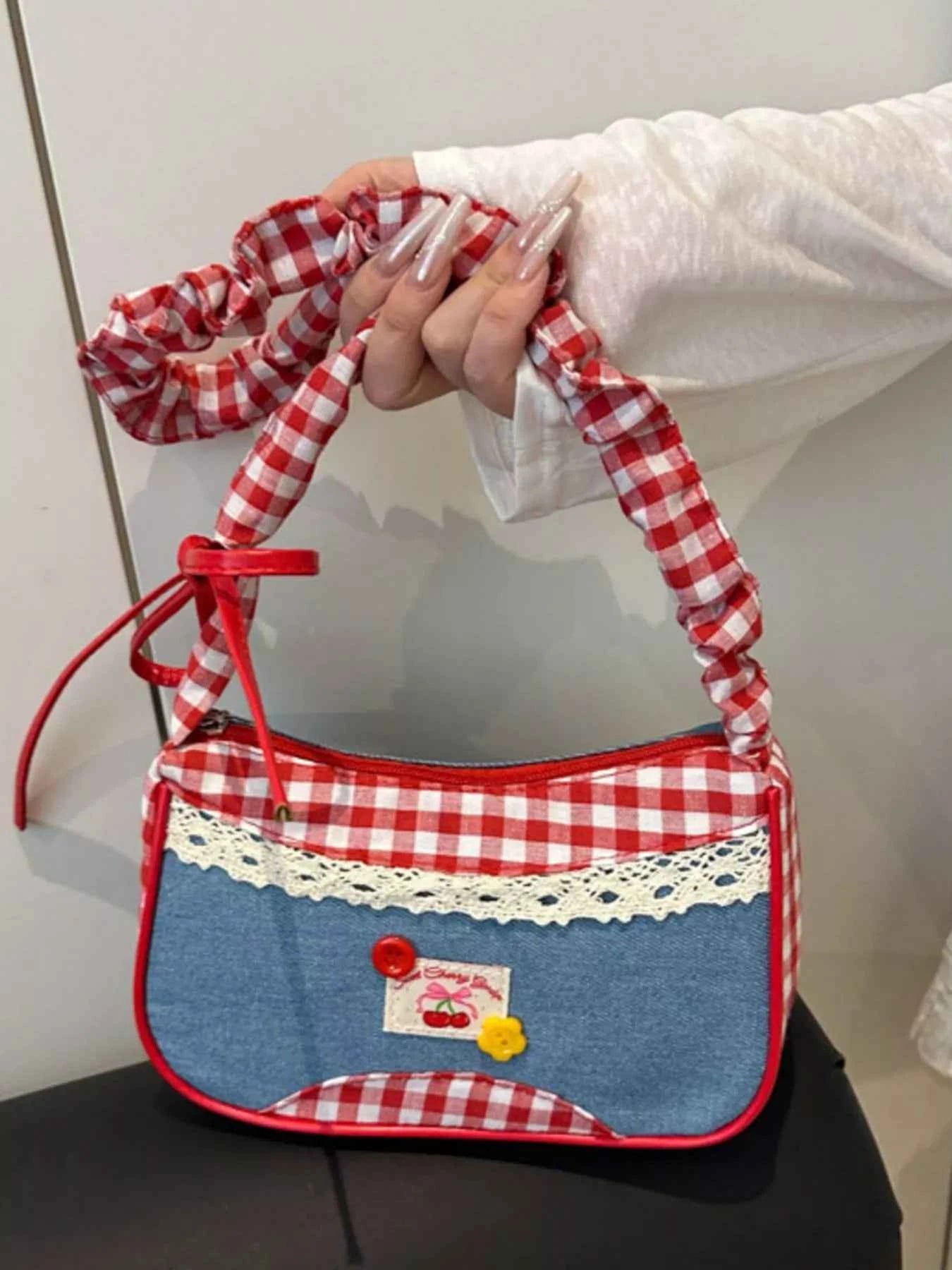 Cherry Plaid Strap Crossbody Bag