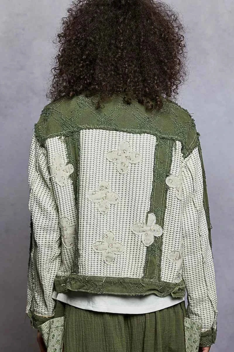 POL Button Down Raw Hem Jacket with Floral Patch