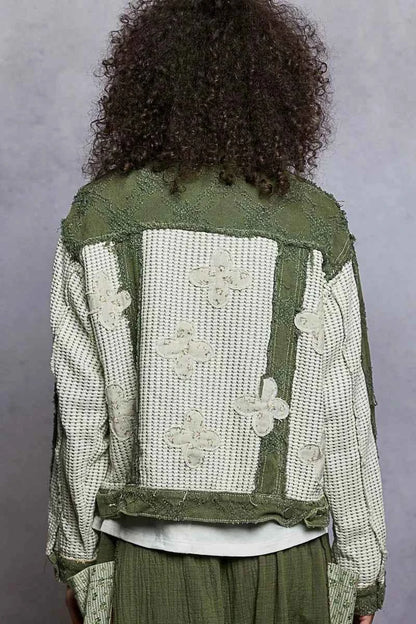 POL Button Down Raw Hem Jacket with Floral Patch