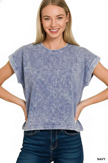 Zenana Halo Washed Cotton Cuffed Short Sleeve Top