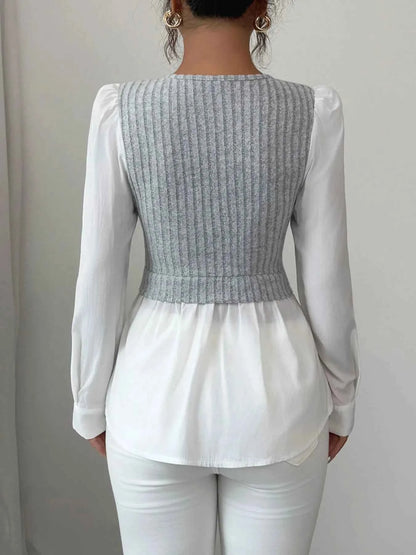 Ribbed Knit Splicing Contrast Long Sleeve Blouse