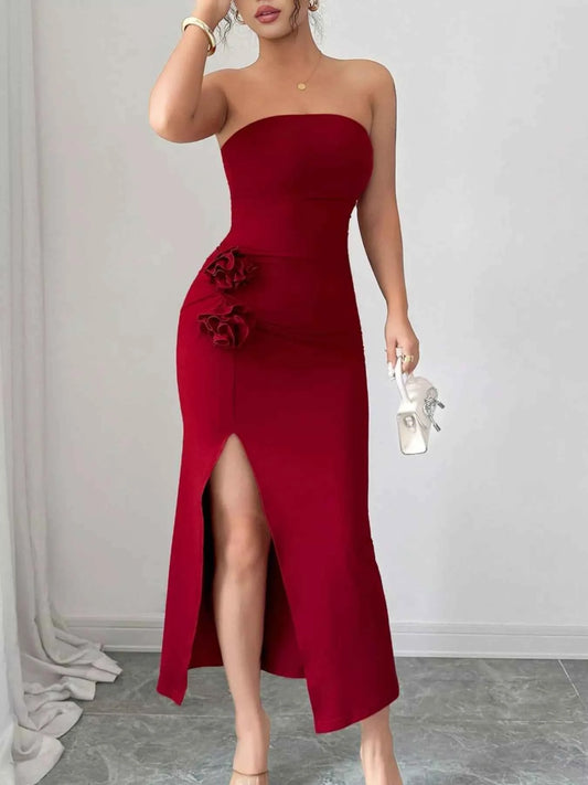 Front Split Strapless Dress with Floral Detail