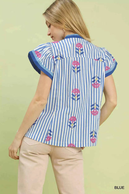 Umgee Embroidered Striped Flutter Sleeve Top