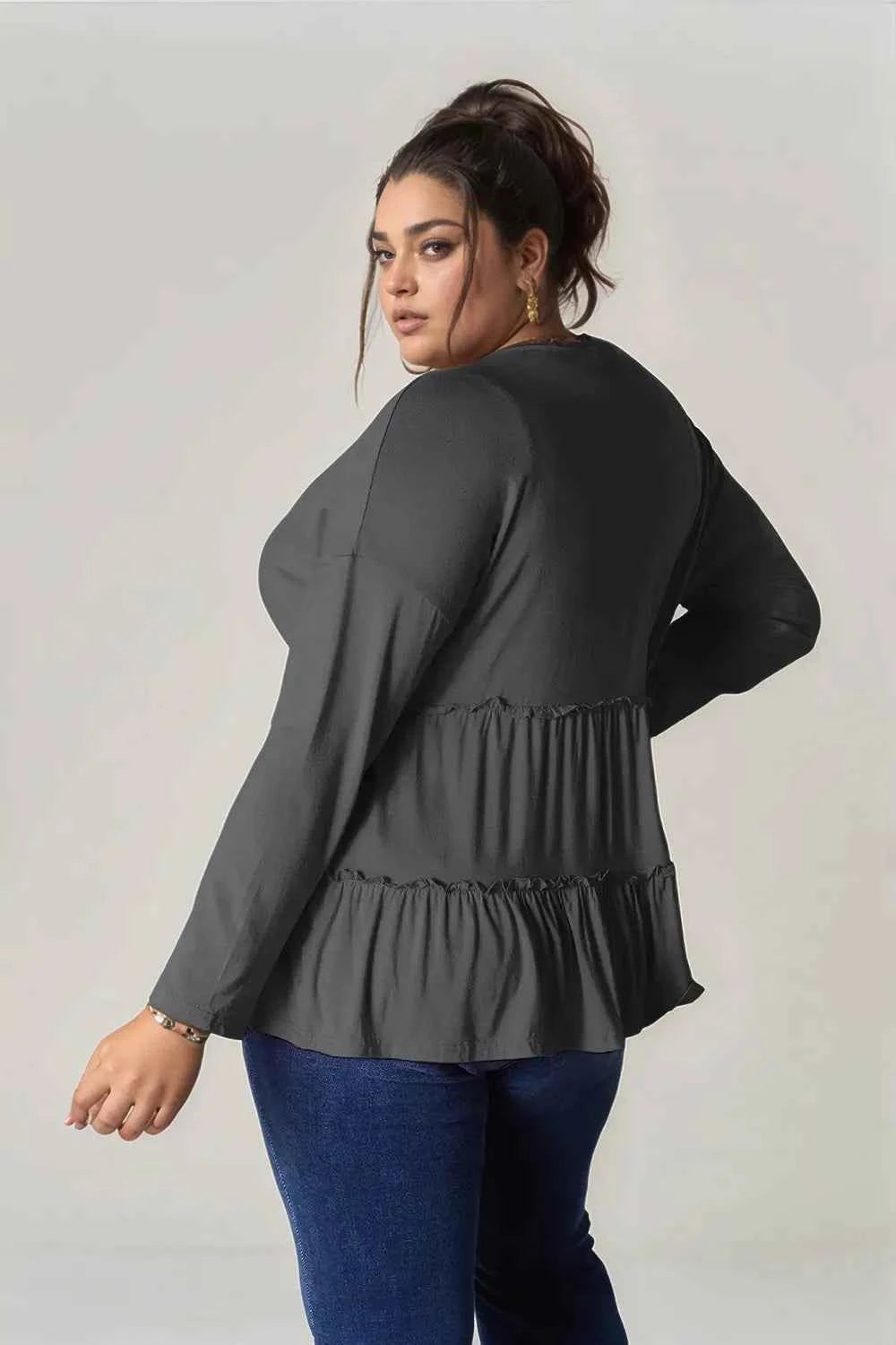 Double Take Half Button Long Sleeve Ruffle Hem Blouse