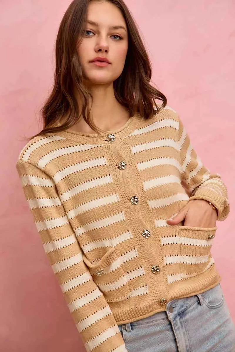 SO ME Stripe Long Sleeves Button Sweater Cardigan