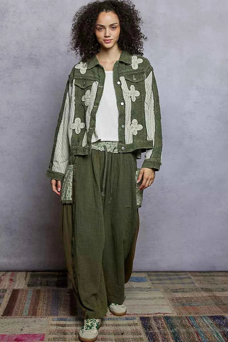 POL Button Down Raw Hem Jacket with Floral Patch