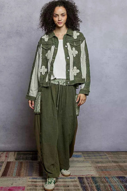 POL Button Down Raw Hem Jacket with Floral Patch