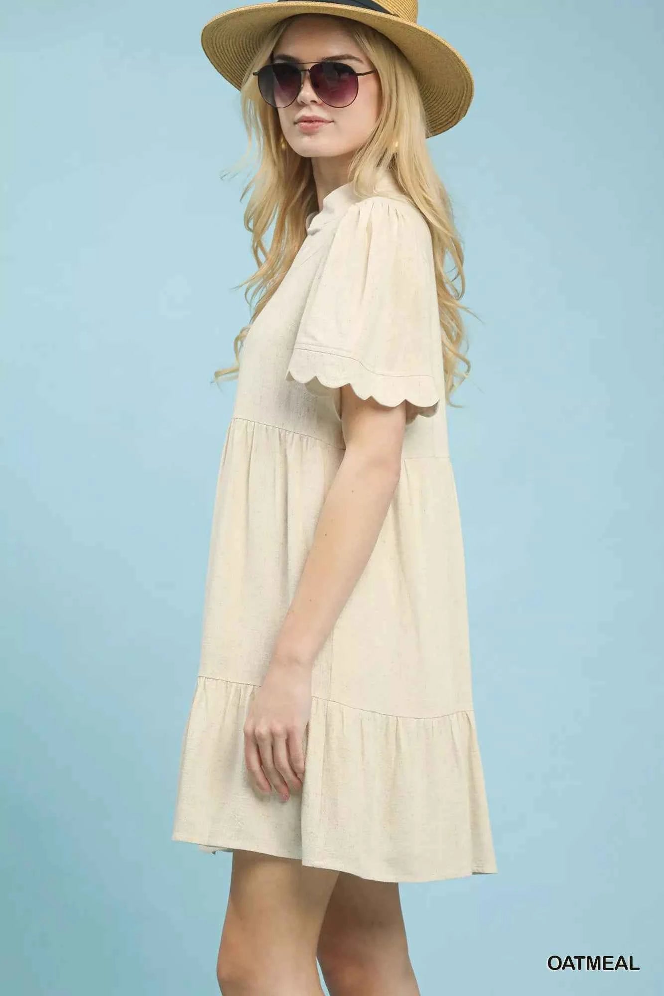 Umgee Linen Tiered Babydoll Dress with Scalloped Sleeves
