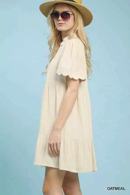Umgee Linen Tiered Babydoll Dress with Scalloped Sleeves