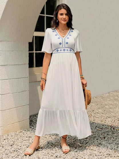 Ruffled Hem V-Neck Flutter Sleeve Dress