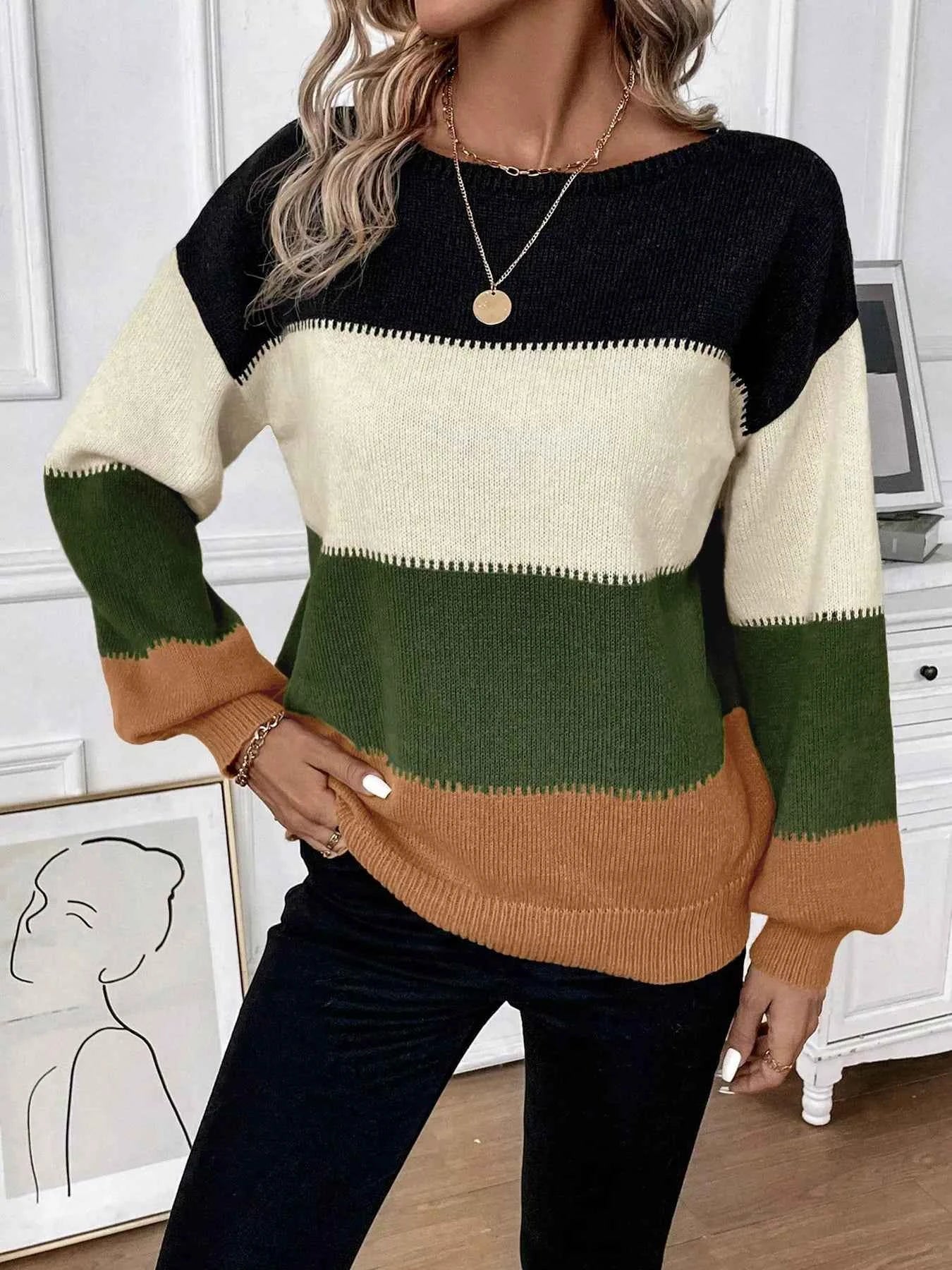 Color Block Round Neck Knit  Sweater