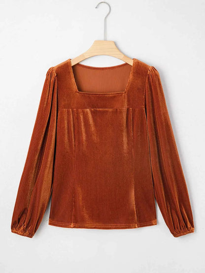 Velvet Ribbed Texture Square Neck Slim Puff Sleeve Top