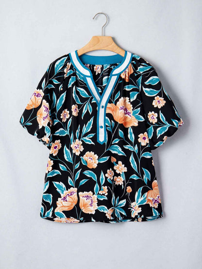 Floral Short Bubble Sleeve Buttoned Notched Neck Blouse