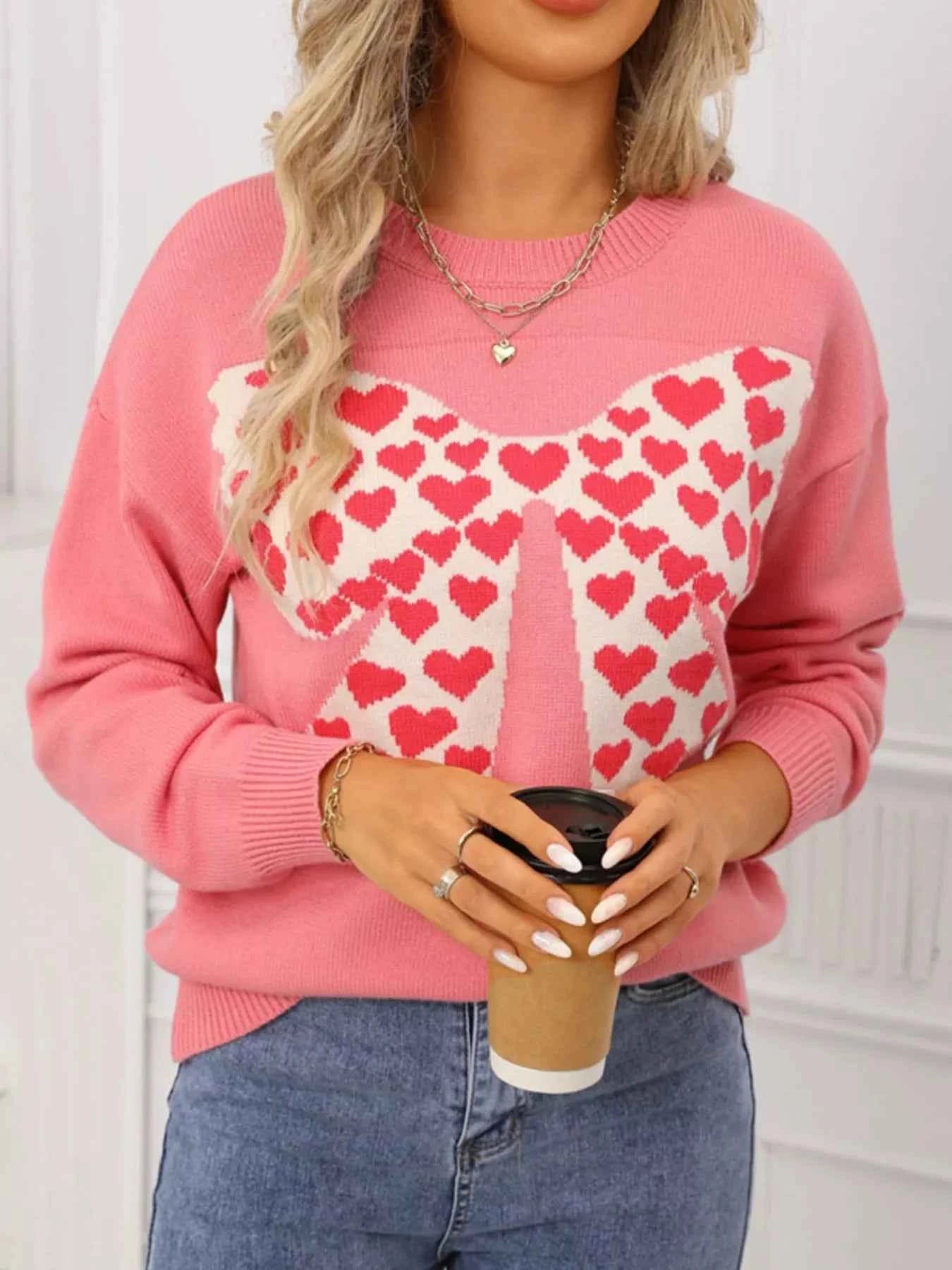 Valentine's Day Heart Bow Round Neck Sweater