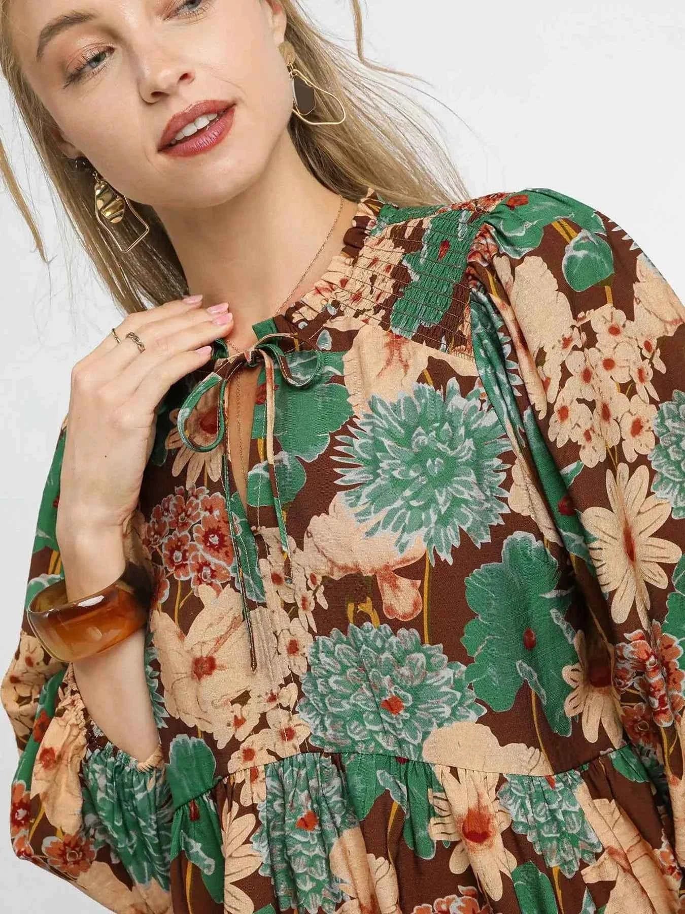 Umgee Mix Floral Peplum Blouse with Tie Neck