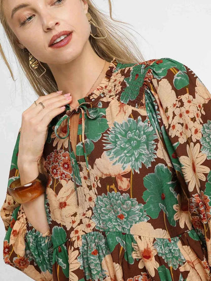 Umgee Mix Floral Peplum Blouse with Tie Neck