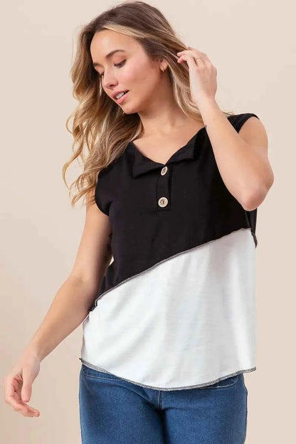 BiBi Color Block Contrast Stitching Buttoned Henley Top