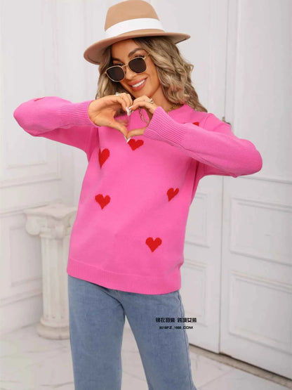 Valentine's Day Heart Print Round Neck Sweater