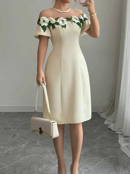 Floral Embroidered Puff Sleeve Dress with Mesh Shoulder