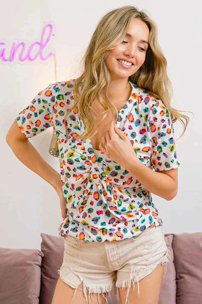 BiBi Multi Color Leopard Jersey Shirred V Neck Top