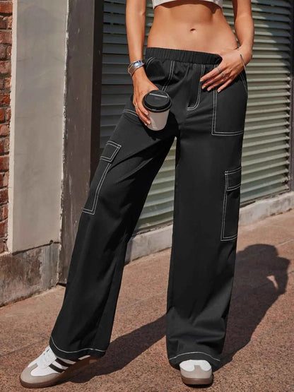 Wide Leg Pants with Contrast Stitching