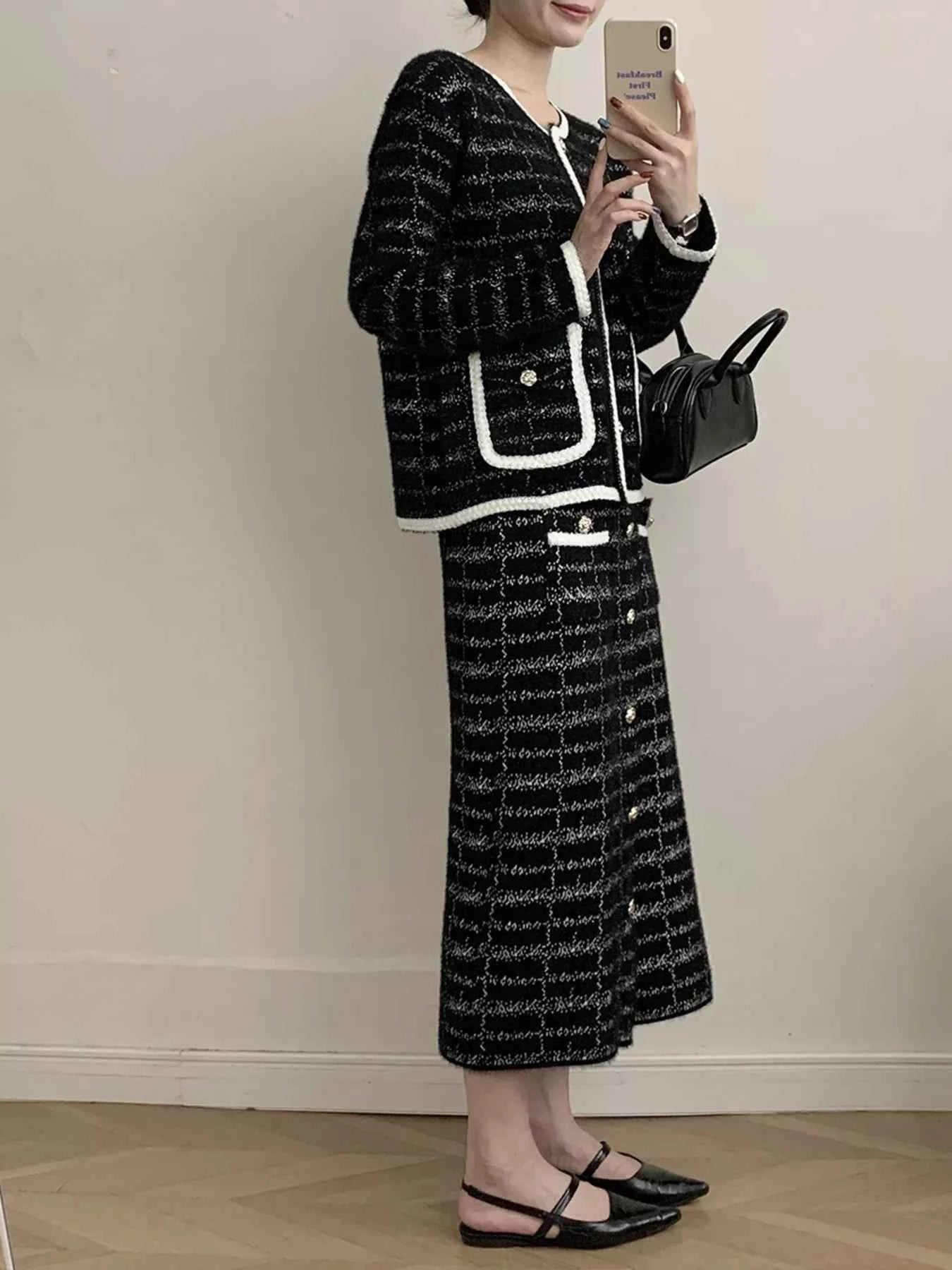 Tweed Contrast Trim Jacket and Skirt Set