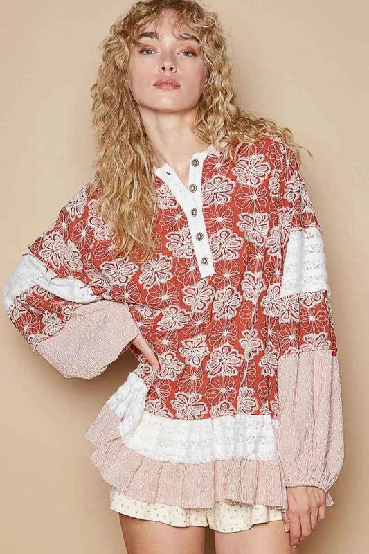POL Ruffled Hem Floral Pattern Balloon Sleeve Hoodie