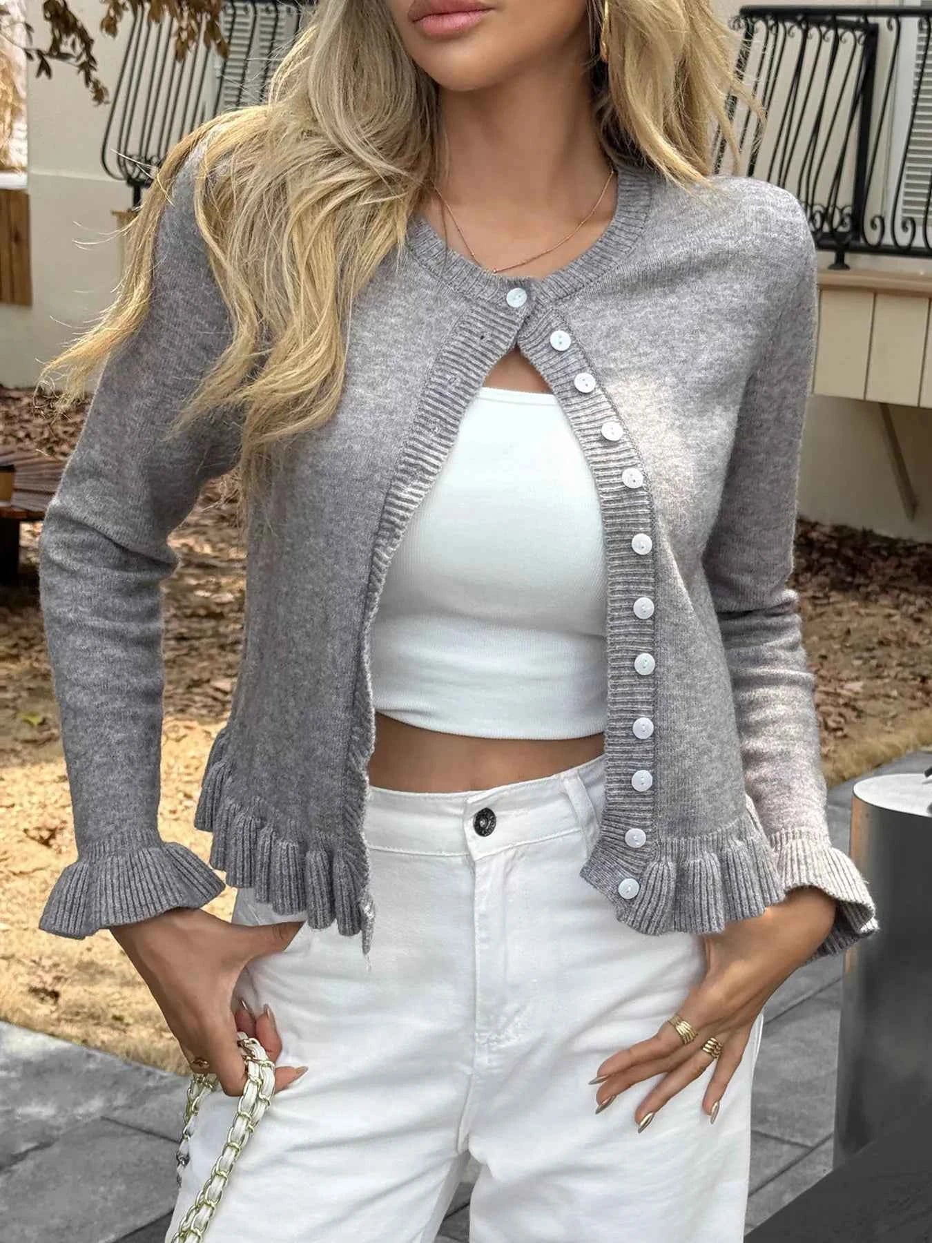 Ruffled Trim Button-Up Knit Cardigan