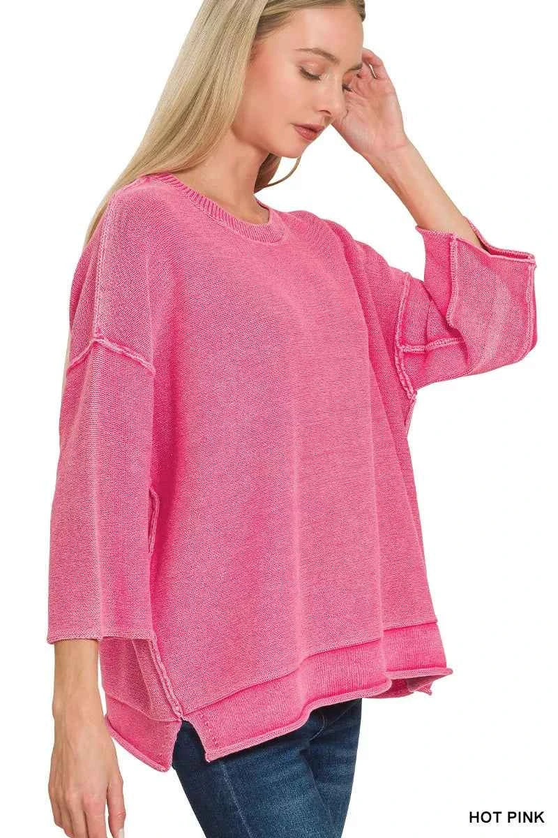 Zenana Washed 3/4 Sleeve Boxy Sweater