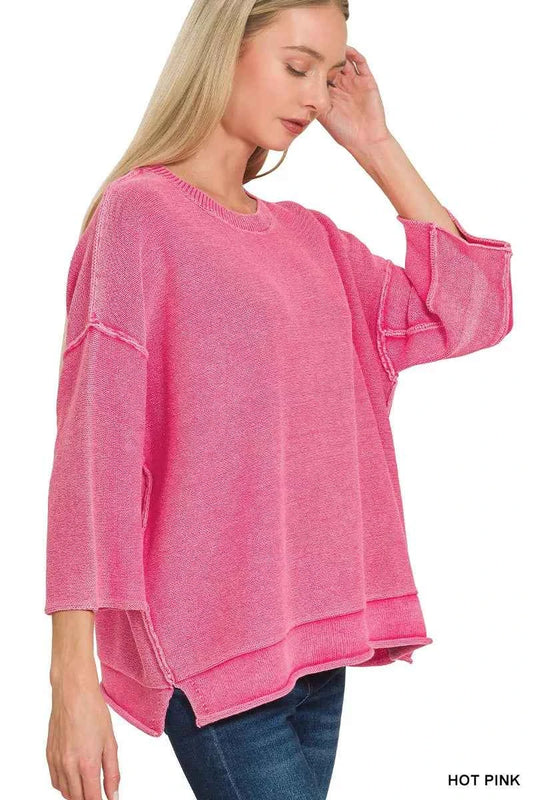 Zenana Washed 3/4 Sleeve Boxy Sweater