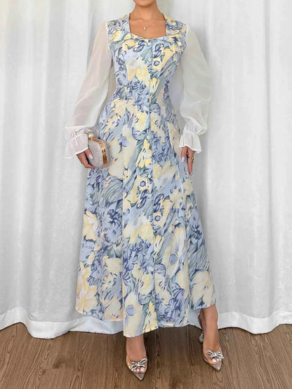 Floral Print Sheer Flounce Sleeves Dress