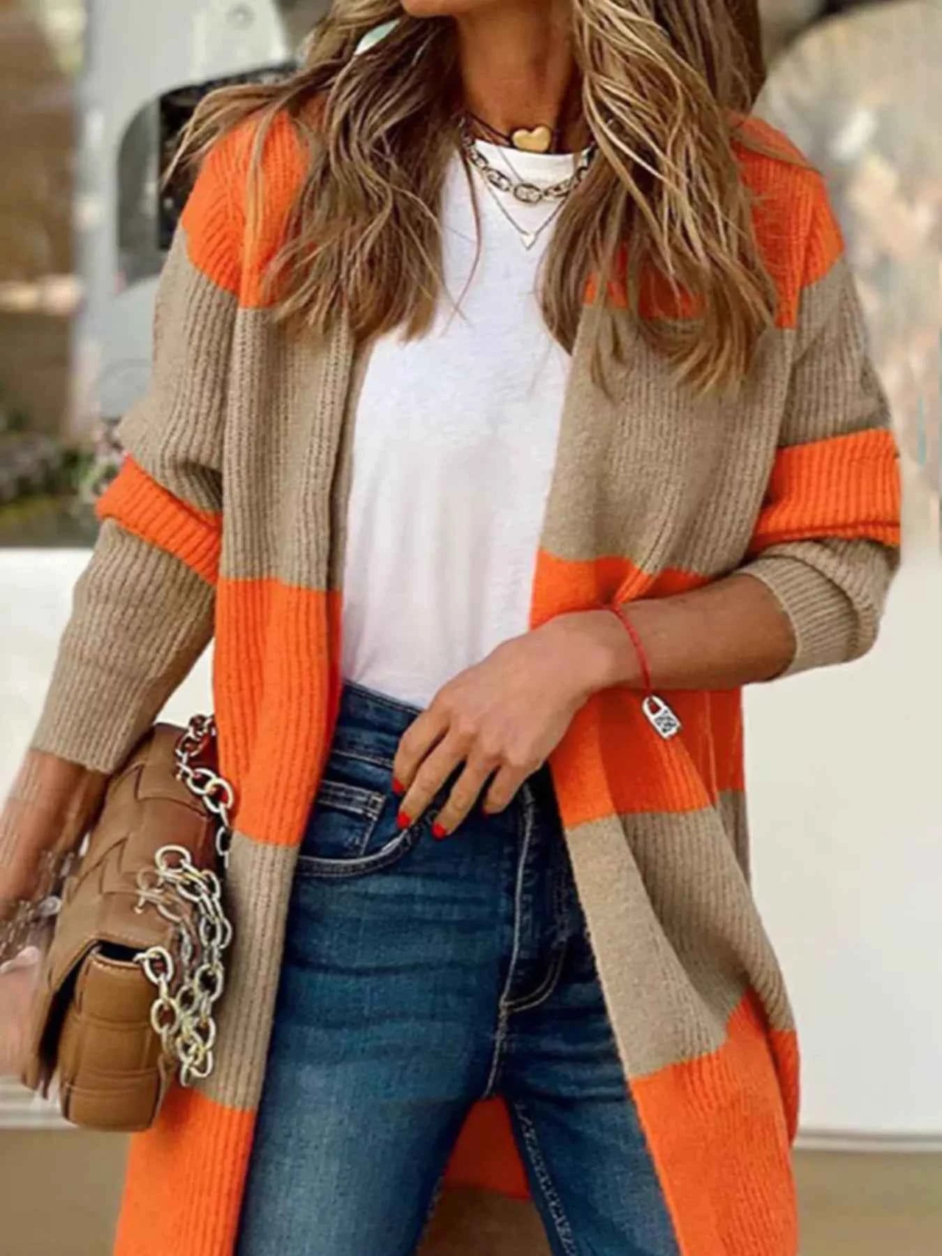 Color Block Open Front Knit Cardigan