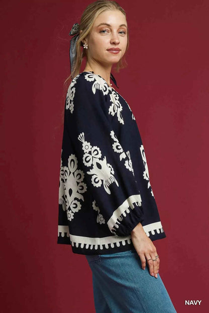 Umgee Two Tone Border Print Top with Balloon Sleeves